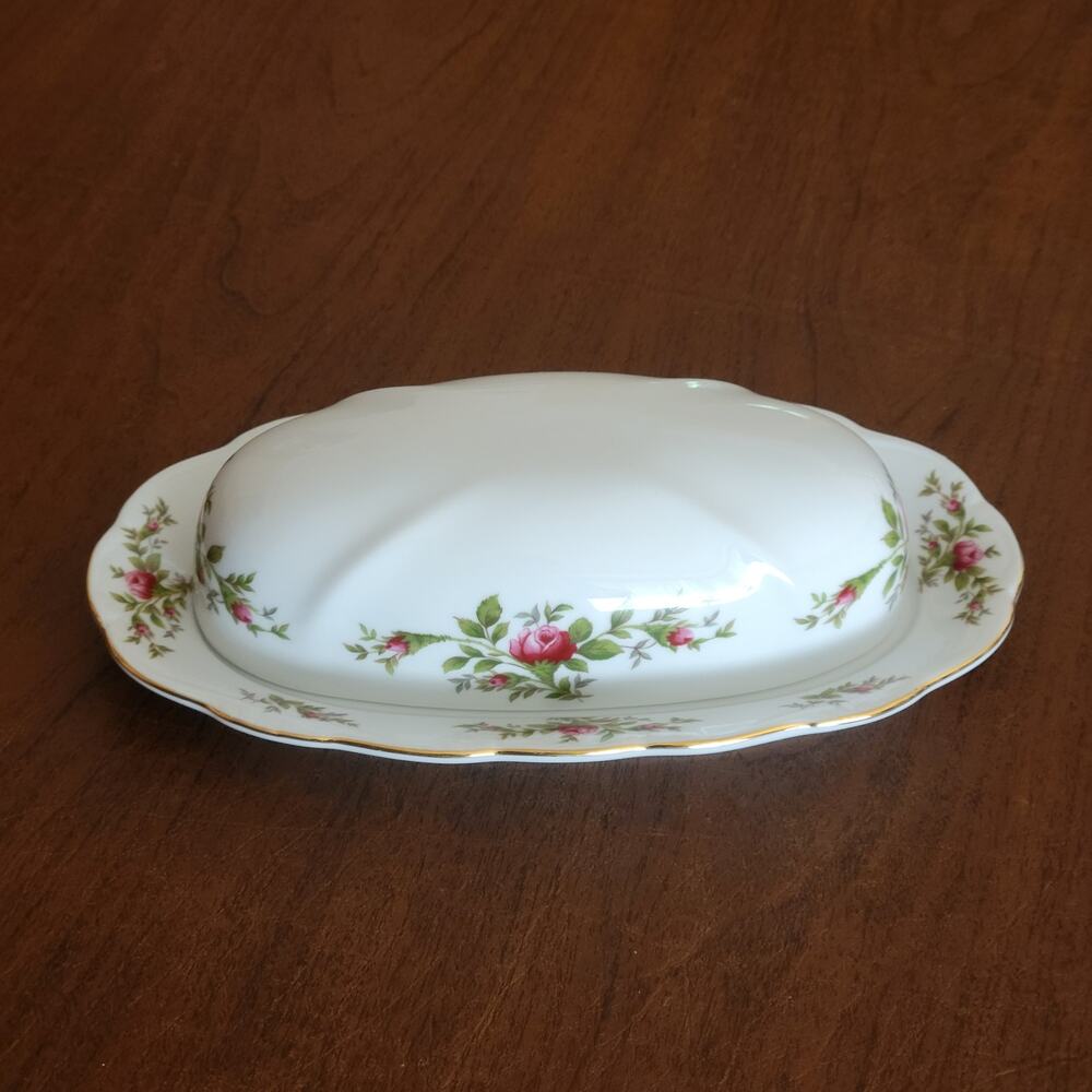 Vintage Johann Haviland Traditions Moss Rose Covered Butter Dish with Gold Trim